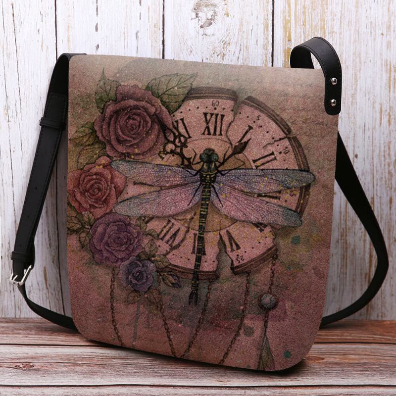 Kvinder Filt Afslappet Vintage 3d Dragonfly Flower Printing Mønster Crossbody Taske Skuldertaske