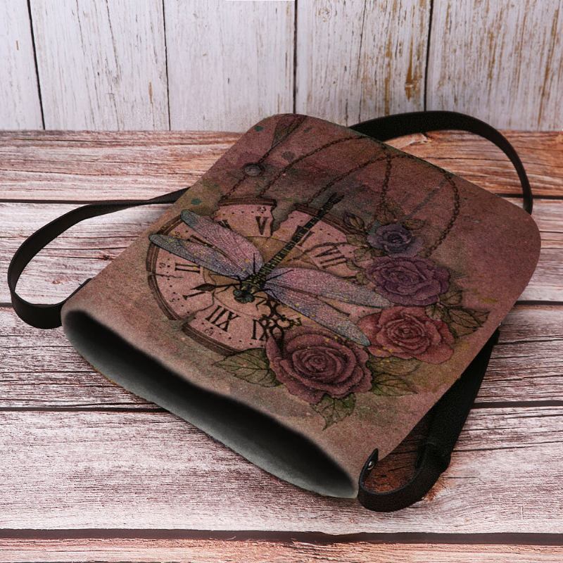 Kvinder Filt Afslappet Vintage 3d Dragonfly Flower Printing Mønster Crossbody Taske Skuldertaske