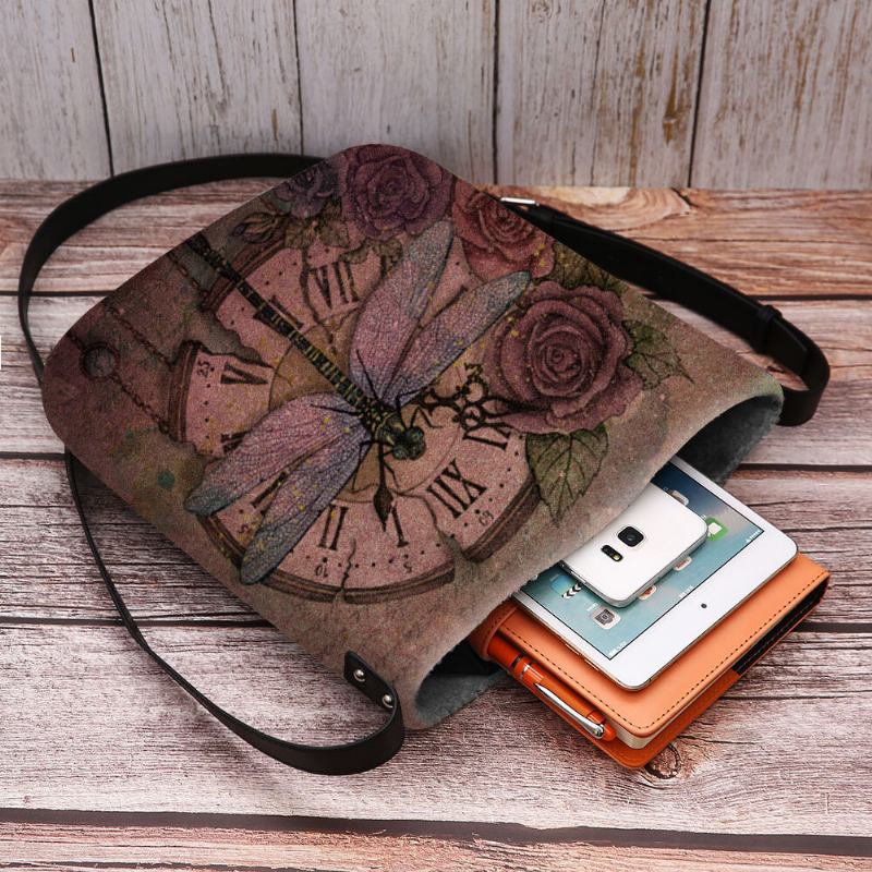 Kvinder Filt Afslappet Vintage 3d Dragonfly Flower Printing Mønster Crossbody Taske Skuldertaske