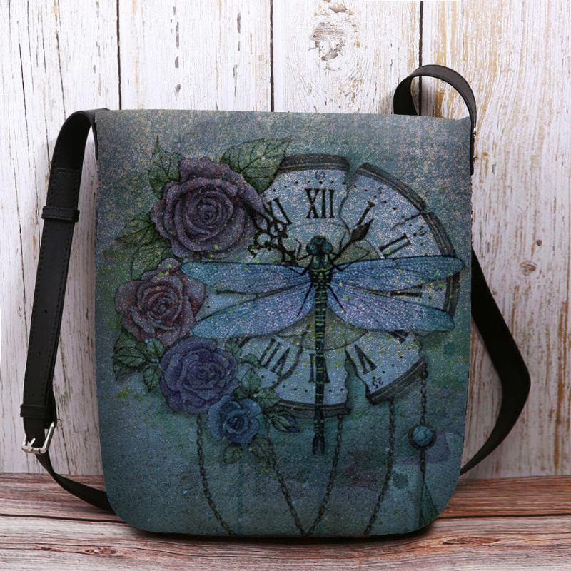 Kvinder Filt Afslappet Vintage 3d Dragonfly Flower Printing Mønster Crossbody Taske Skuldertaske