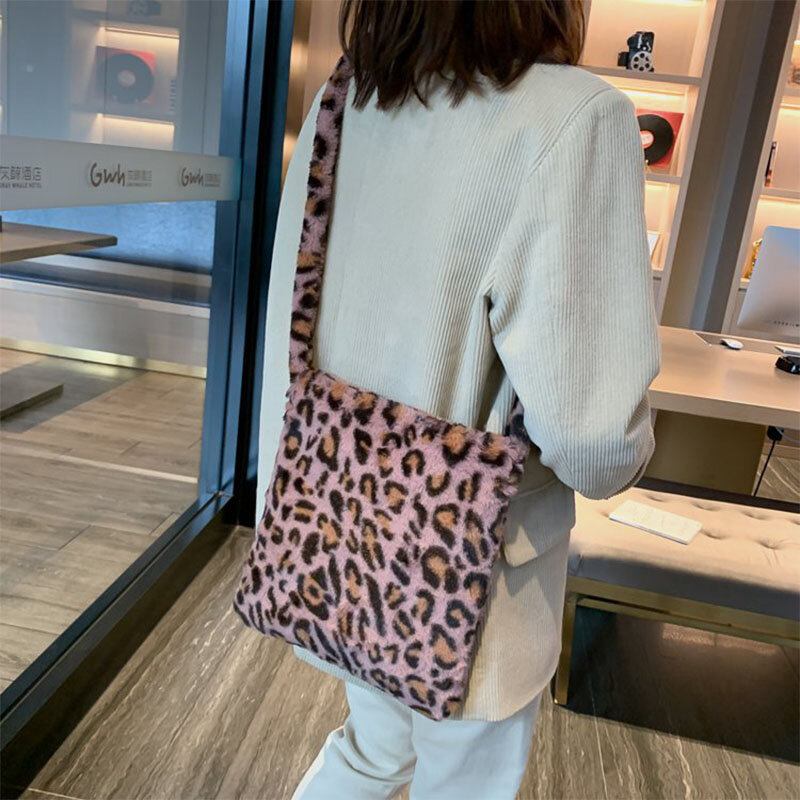 Kvinder Filt Blødt Leopardmønster Sød Afslappet Personlighed Skuldertaske Crossbody Taske