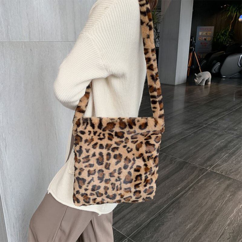 Kvinder Filt Blødt Leopardmønster Sød Afslappet Personlighed Skuldertaske Crossbody Taske