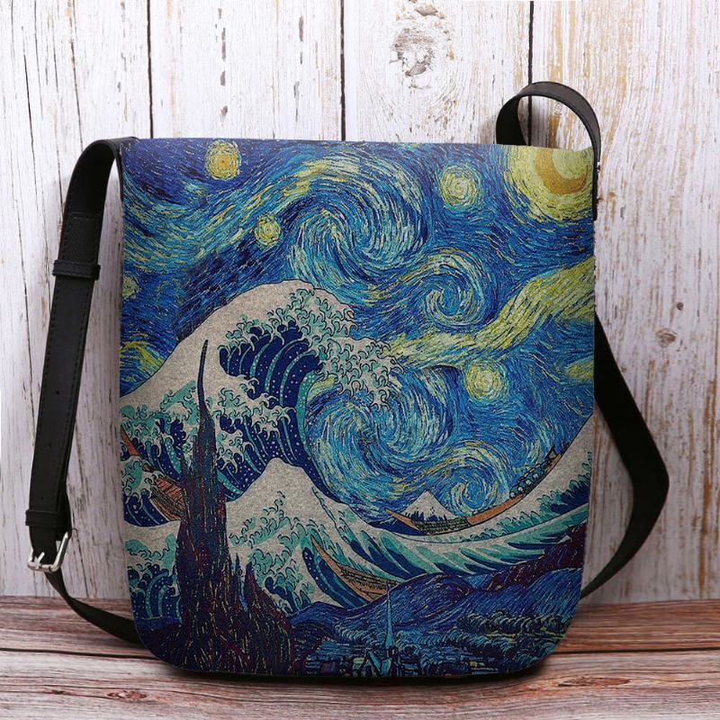 Kvinder Filt Havbølge Stjernehimmel Mønster Oliemaleri Style Prints Crossbody Taske Skuldertaske