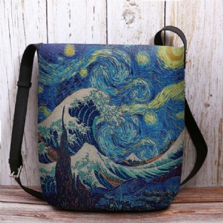 Kvinder Filt Havbølge Stjernehimmel Mønster Oliemaleri Style Prints Crossbody Taske Skuldertaske