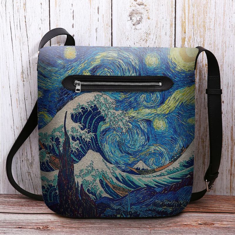 Kvinder Filt Havbølge Stjernehimmel Mønster Oliemaleri Style Prints Crossbody Taske Skuldertaske