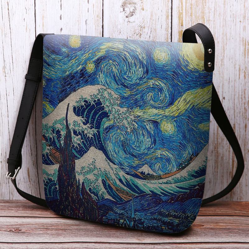 Kvinder Filt Havbølge Stjernehimmel Mønster Oliemaleri Style Prints Crossbody Taske Skuldertaske