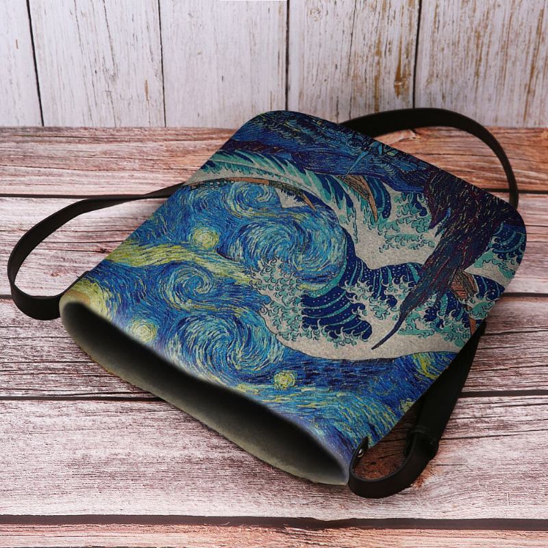 Kvinder Filt Havbølge Stjernehimmel Mønster Oliemaleri Style Prints Crossbody Taske Skuldertaske