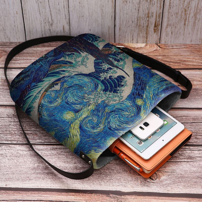 Kvinder Filt Havbølge Stjernehimmel Mønster Oliemaleri Style Prints Crossbody Taske Skuldertaske