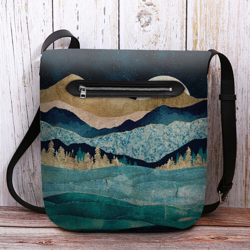 Kvinder Filt Mountain Treetop Landskabsprint Taske Crossbody Taske Skuldertaske