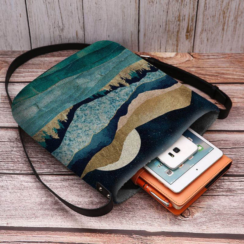 Kvinder Filt Mountain Treetop Landskabsprint Taske Crossbody Taske Skuldertaske