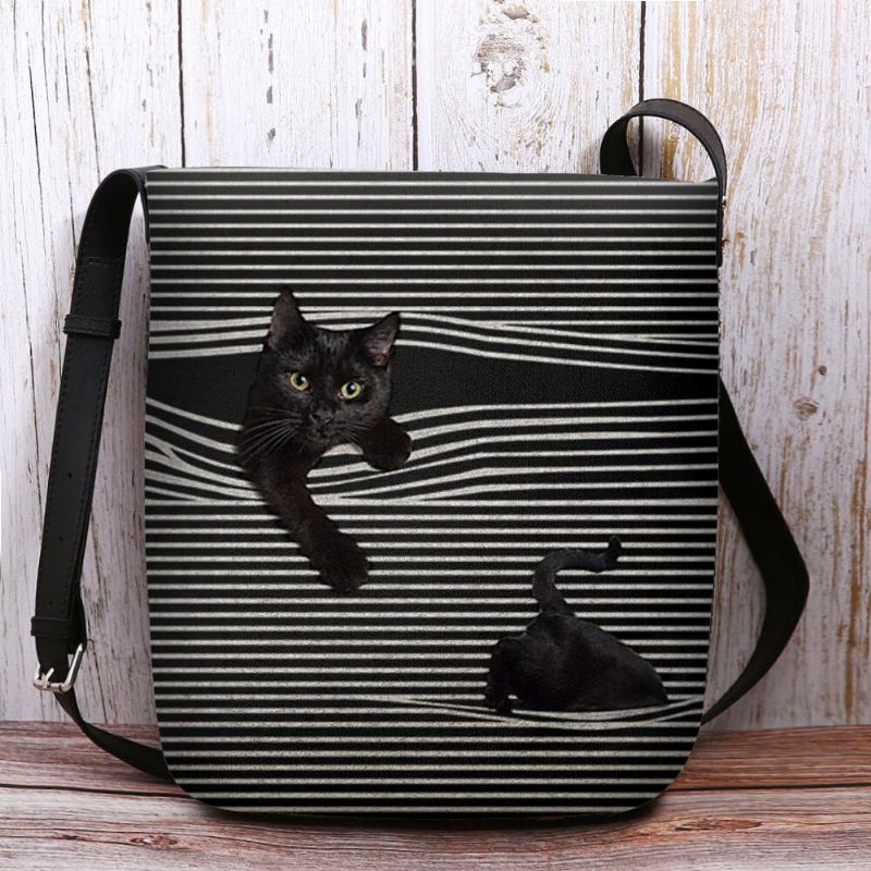 Kvinder Filt Stribemønster Tredimensional Vision Cat Print Skuldertaske Crossbody Taske