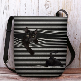 Kvinder Filt Stribemønster Tredimensional Vision Cat Print Skuldertaske Crossbody Taske