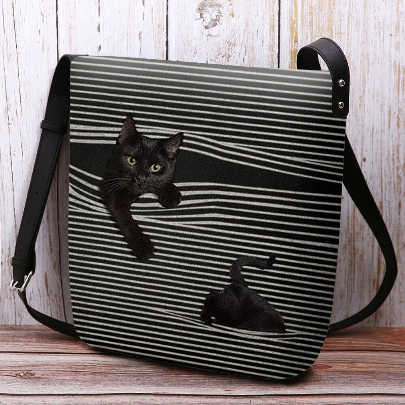 Kvinder Filt Stribemønster Tredimensional Vision Cat Print Skuldertaske Crossbody Taske