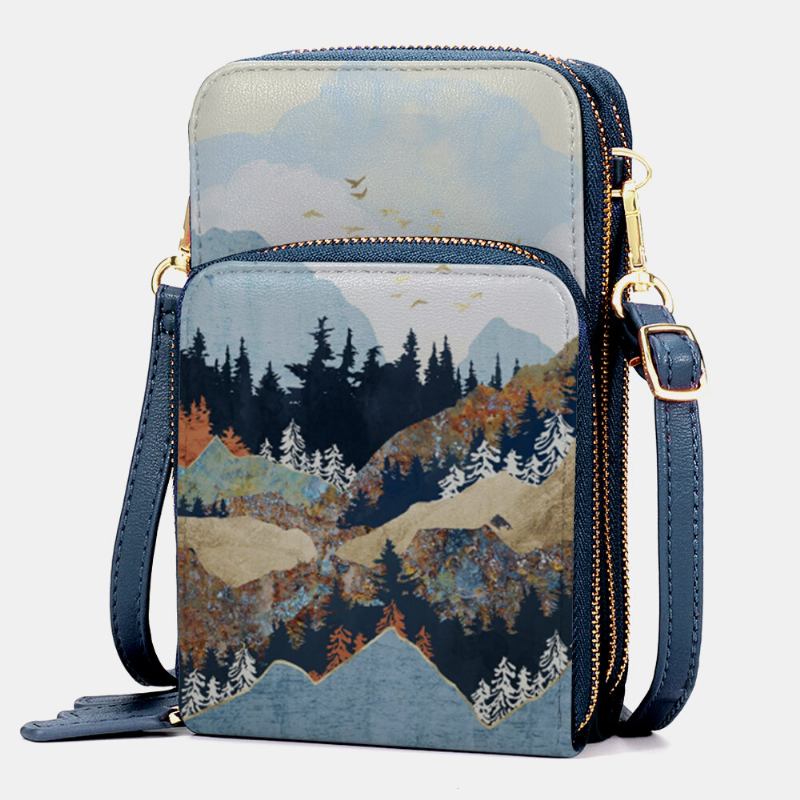 Kvinder Imiteret Læder Dame Mountain Treetop Print Taske 6.3 Tommer Telefontaske Crossbody Taske