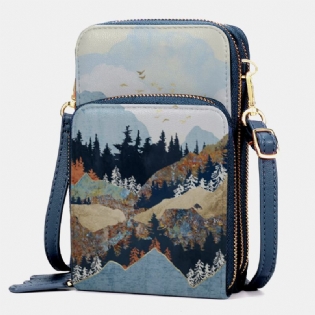 Kvinder Imiteret Læder Dame Mountain Treetop Print Taske 6.3 Tommer Telefontaske Crossbody Taske