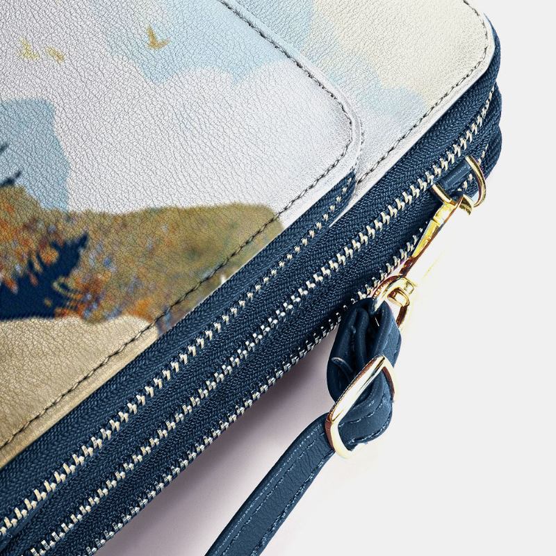 Kvinder Imiteret Læder Dame Mountain Treetop Print Taske 6.3 Tommer Telefontaske Crossbody Taske