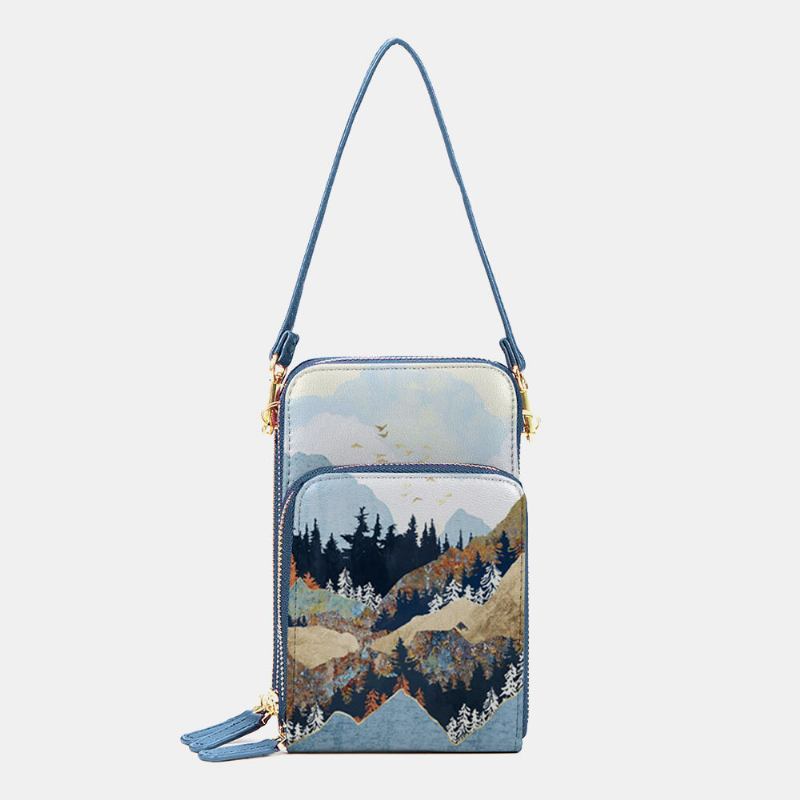 Kvinder Imiteret Læder Dame Mountain Treetop Print Taske 6.3 Tommer Telefontaske Crossbody Taske