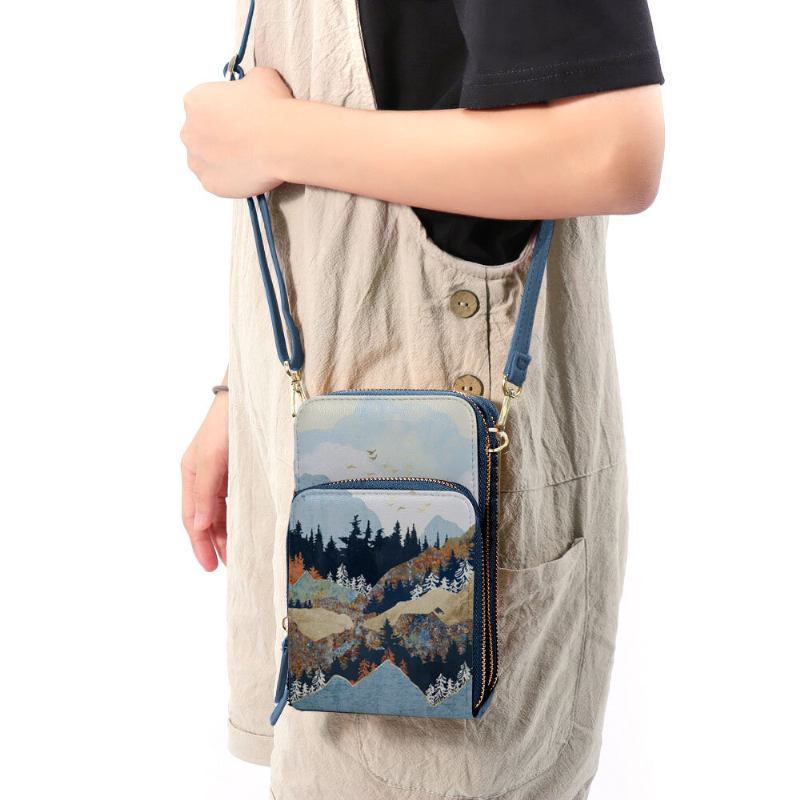 Kvinder Imiteret Læder Dame Mountain Treetop Print Taske 6.3 Tommer Telefontaske Crossbody Taske