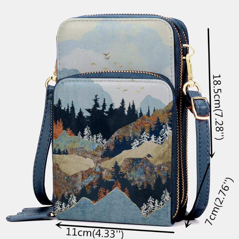 Kvinder Imiteret Læder Dame Mountain Treetop Print Taske 6.3 Tommer Telefontaske Crossbody Taske