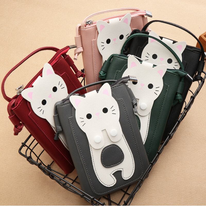 Kvinder Imiteret Læder Super Sød Kat Kitty Mønster 6.3 Tommer Telefontaske Lille Opbevaringstaske Crossbody Taske