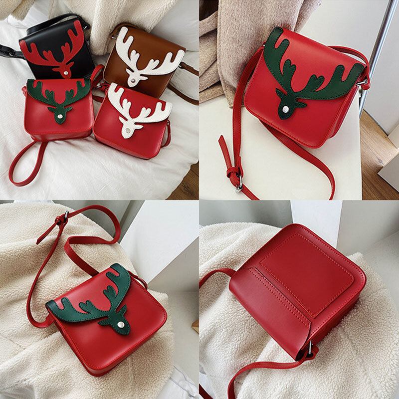 Kvinder Kunstlæder Kontrastfarve Jul Elg Mønster Lille Firkantet Taske Crossbody Taske Skuldertaske