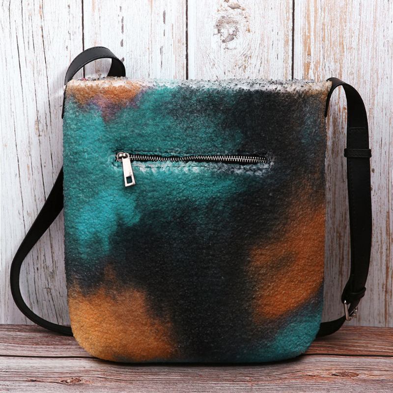 Kvinder Lammehår Efterår Naturlig Scene Farverig Gør-det-selv Skuldertaske Crossbody-taske