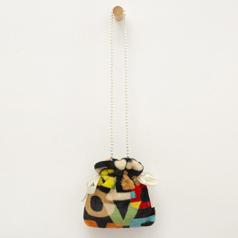 Kvinder Plys Tie-dye Patchwork Pearl Bowknot Chain Skuldertaske Crossbody Taske