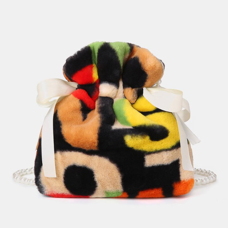 Kvinder Plys Tie-dye Patchwork Pearl Bowknot Chain Skuldertaske Crossbody Taske