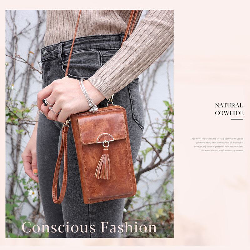 Kvinder Rfid Anti-tyveri Multifunktion Kvast Decor Crossbody Taske Multi-kort Slots Pung Clutch Taske Telefon Taske