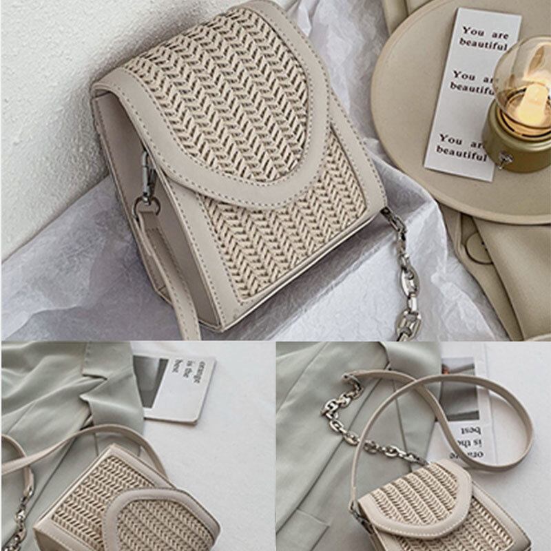 Kvinder Summer Flap Straw Chain Crossbody Taske Skuldertaske