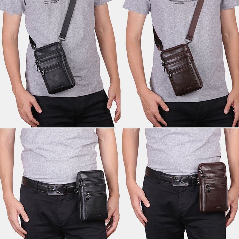 Mænd Ægte Læder 7 Tommer Telefontaske Taljetaske Bæltetaske Skuldertaske Crossbody Taske