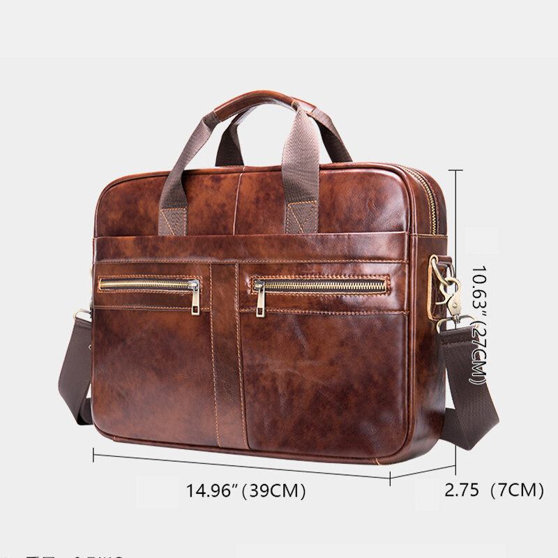 Mænd Ægte Læder Multi-lomme 14 Tommer Bærbar Taske Dokumentmappe Business Håndtaske Crossbody Taske