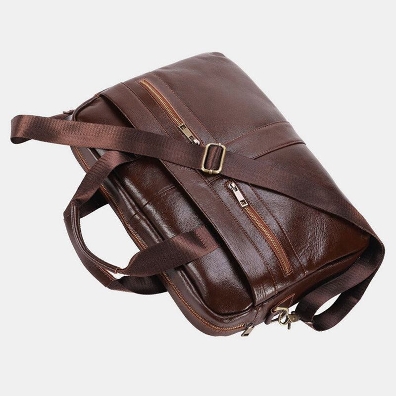 Mænd Ægte Læder Multi-lomme Vintage 14 Tommer Bærbar Taske Messenger Taske Crossbody Tasker Skuldertaske Briefcase