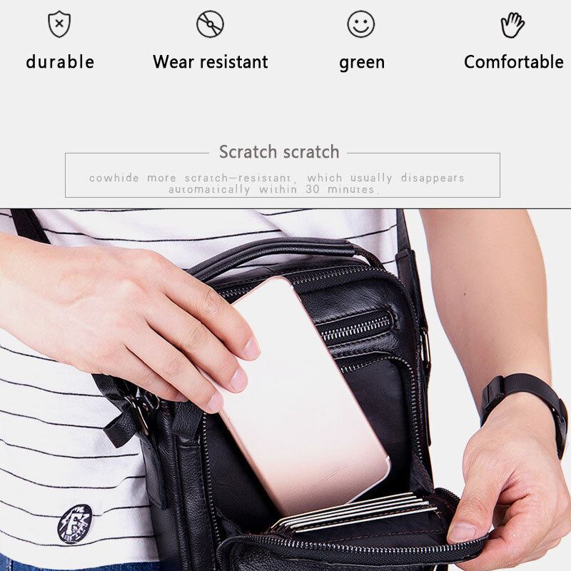 Mænd Ægte Læder Multifunktion Multi-lomme Vandtæt Crossbody Taske Skuldertaske