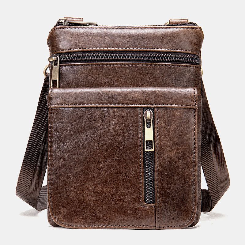 Mænd Ægte Læder Retro Business Ensfarvet Læder Lynlås Crossbody Taske Skuldertaske