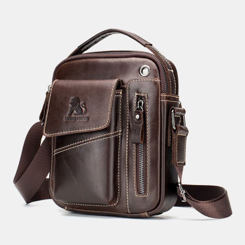 Mænd Ægte Læder Slidfast Hovedtelefonhul Multi-lomme Vintage Crossbody-taske Skuldertaske