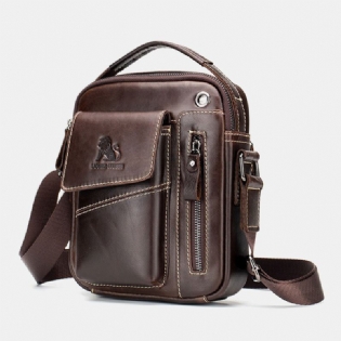 Mænd Ægte Læder Slidfast Hovedtelefonhul Multi-lomme Vintage Crossbody-taske Skuldertaske