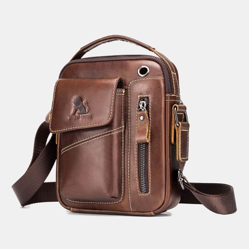 Mænd Ægte Læder Slidfast Hovedtelefonhul Multi-lomme Vintage Crossbody-taske Skuldertaske