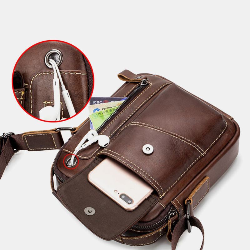 Mænd Ægte Læder Slidfast Hovedtelefonhul Multi-lomme Vintage Crossbody-taske Skuldertaske