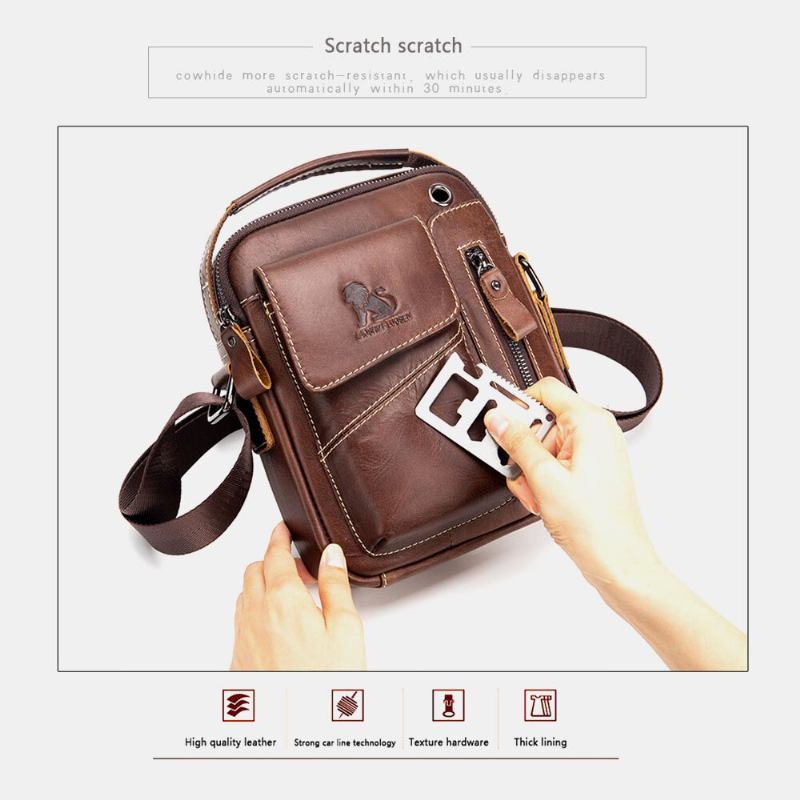 Mænd Ægte Læder Slidfast Hovedtelefonhul Multi-lomme Vintage Crossbody-taske Skuldertaske