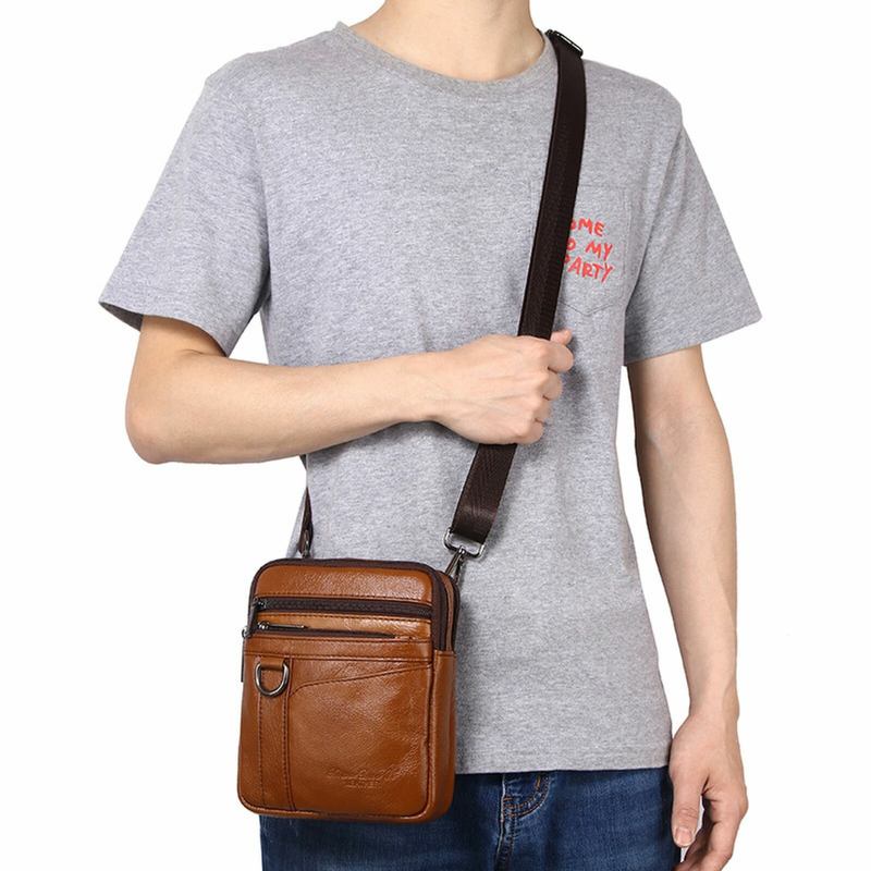 Mænd Ægte Læder Vintage Multi-rum Lynlås Mobiltelefon Taske Skulder Crossbody Taske