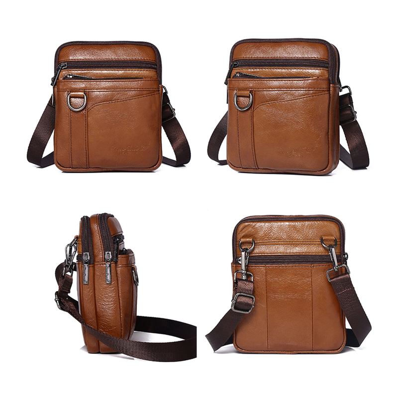 Mænd Ægte Læder Vintage Multi-rum Lynlås Mobiltelefon Taske Skulder Crossbody Taske