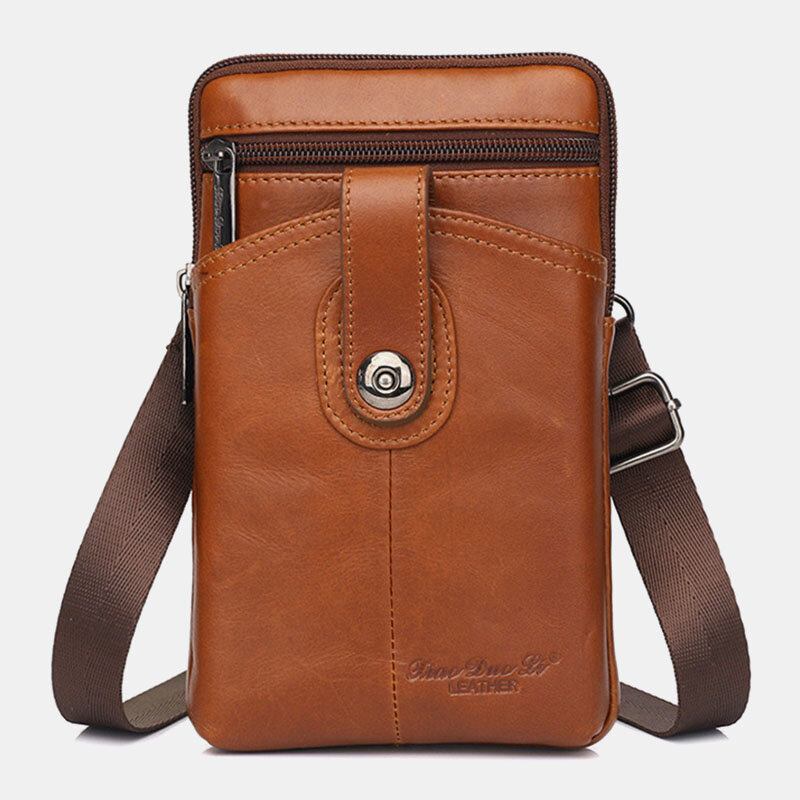 Mænd Ægte Læder Vintage Multifunktionel 6.5 Tommer Lynlås Hasp Telefontaske Crossbody Taske Taljetaske