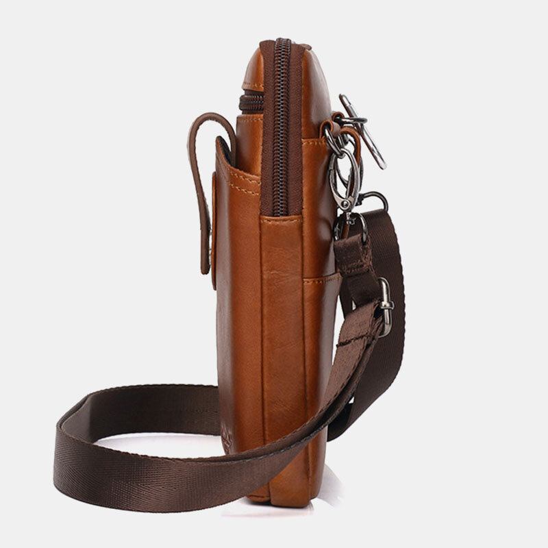 Mænd Ægte Læder Vintage Multifunktionel 6.5 Tommer Lynlås Hasp Telefontaske Crossbody Taske Taljetaske