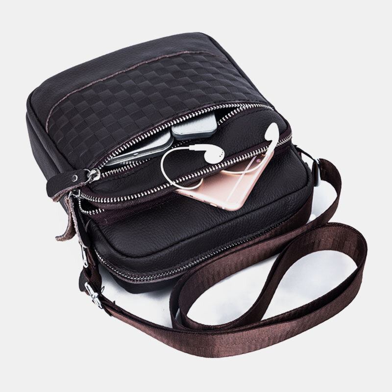 Mænd Ægte Lædervævet Vandtæt Multifunktions Multi-lags Crossbody Taske Skuldertaske