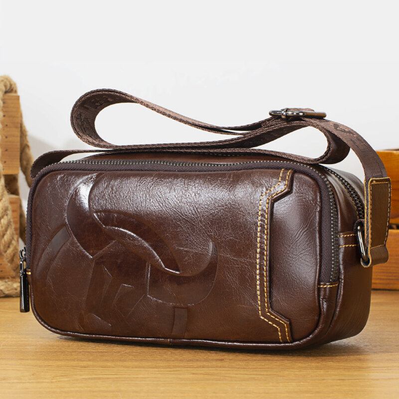 Mænd Koskind Multifunktionel Stor Kapacitet Front Lynlås Lomme Crossbody Tasker Skuldertaske Messenger Bag