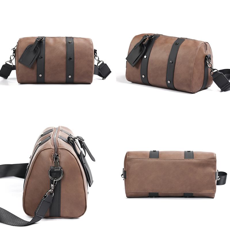 Mænd Kunstlæder Stor Kapacitet Farve-match Crossbody Taske Patchwork Cylinder Skuldertaske Messenger Bag