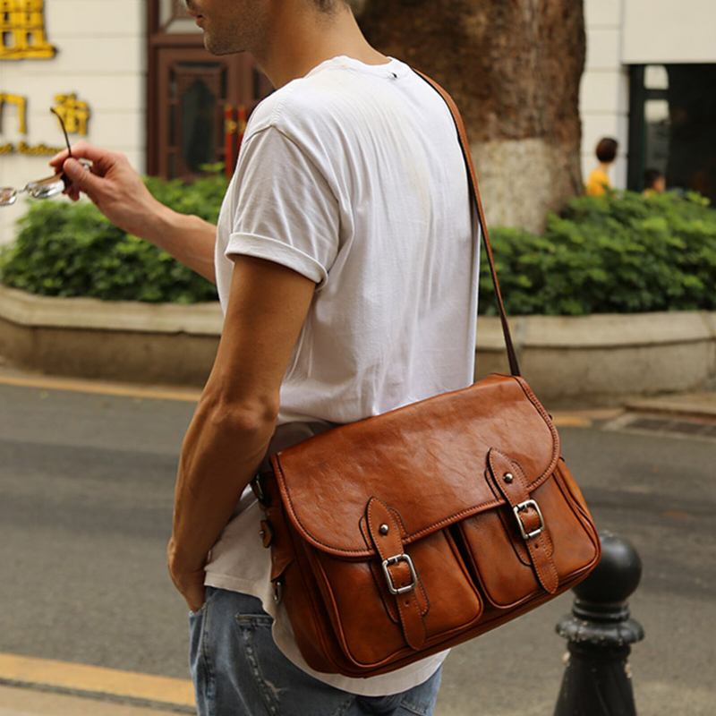 Mænd Kunstlæder Vintage Crossbody Taske Med Stor Kapacitet Retro Laptop Brief Taske