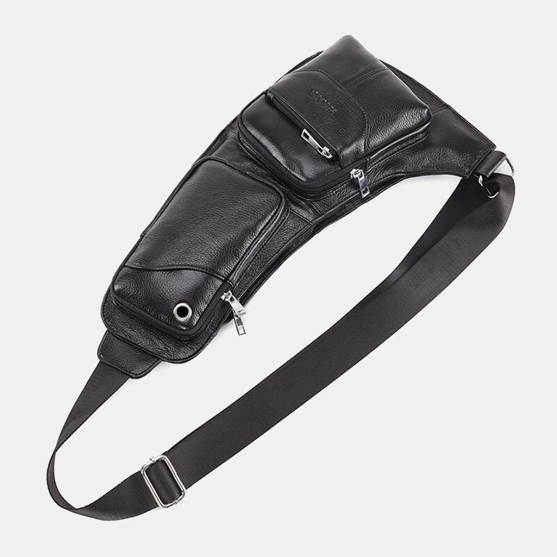 Mænd Massivt Ægte Læder Hovedtelefonstik Crossbody Taske Brysttaske Sling Bag