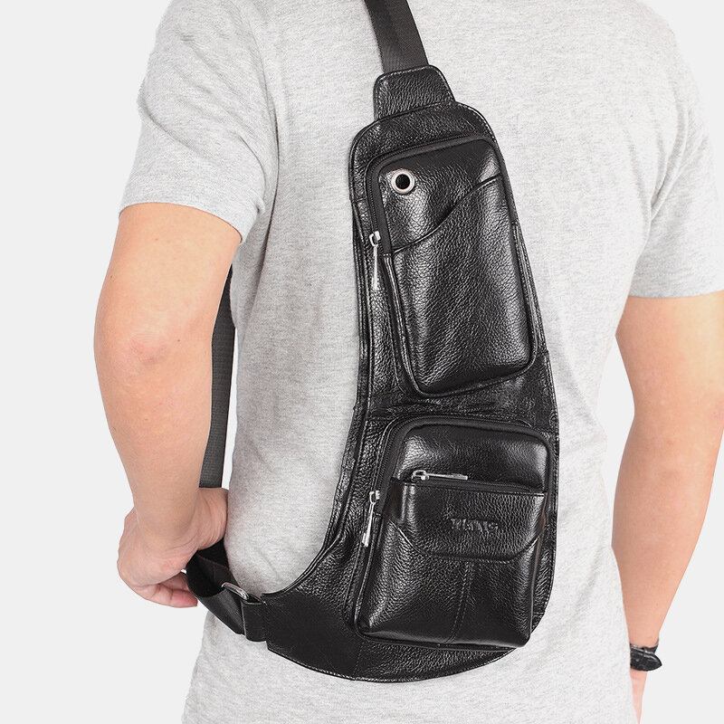 Mænd Massivt Ægte Læder Hovedtelefonstik Crossbody Taske Brysttaske Sling Bag